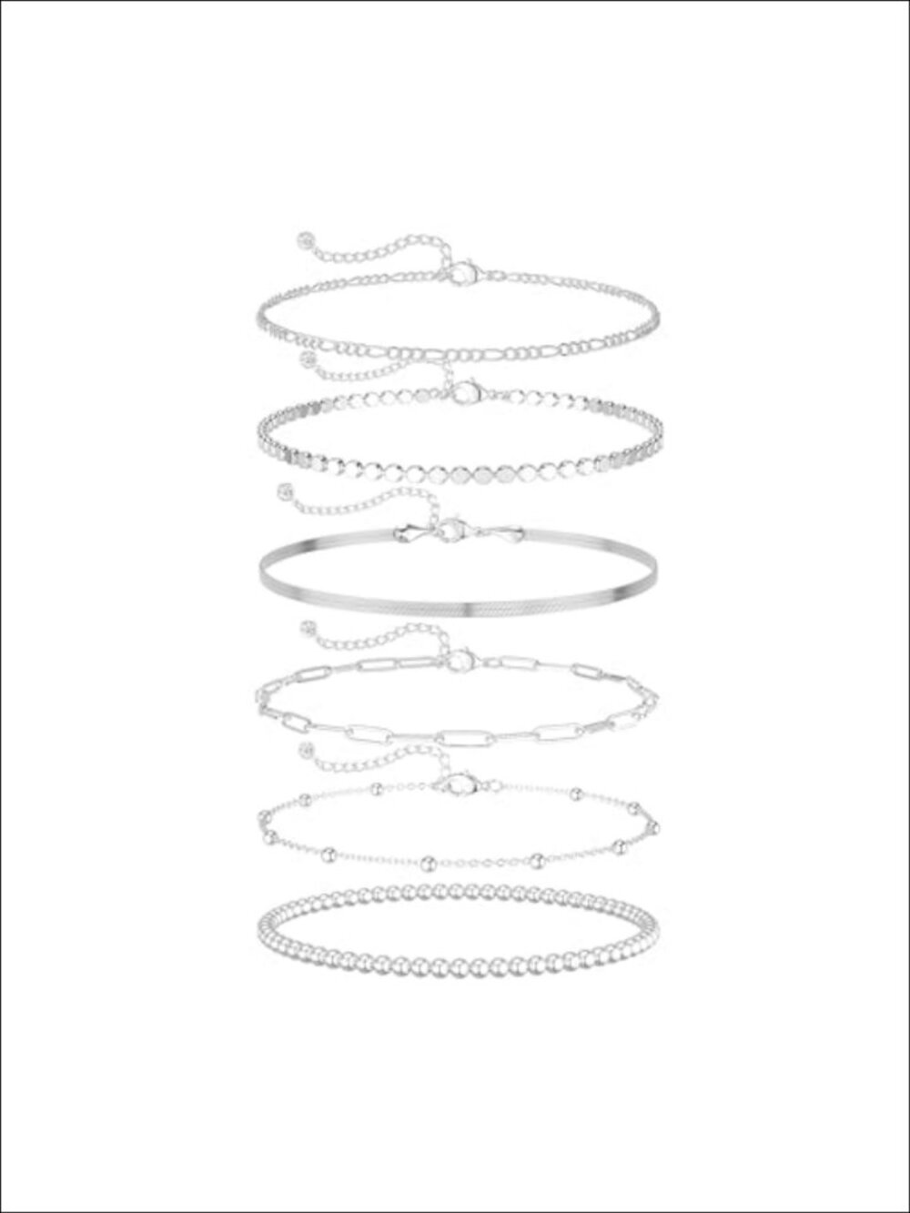 6-Piece Silver Plated Bracelet Set Waterproof Non Tarnish Layered Dainty
